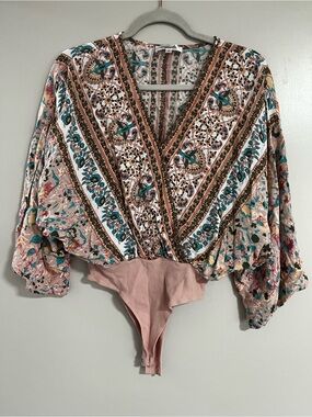 Floral Boho V-Neck Bodysuit in Mauve, Teal & Ivory